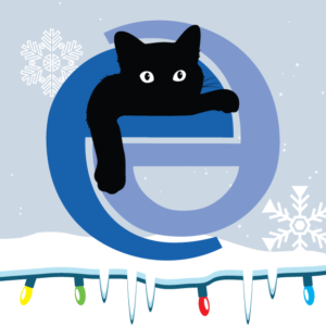 Black cat with head sticking through lowercase letter blue 'e' with a snow drift and colored lights at the bottom.