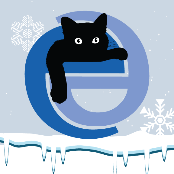 Black cat lounging through the open space in a blue lower case 'e.'